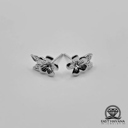 EARRINGS - Flower & Double Leaf Pair [left and right] with Flower screw-on backs .950 Silver