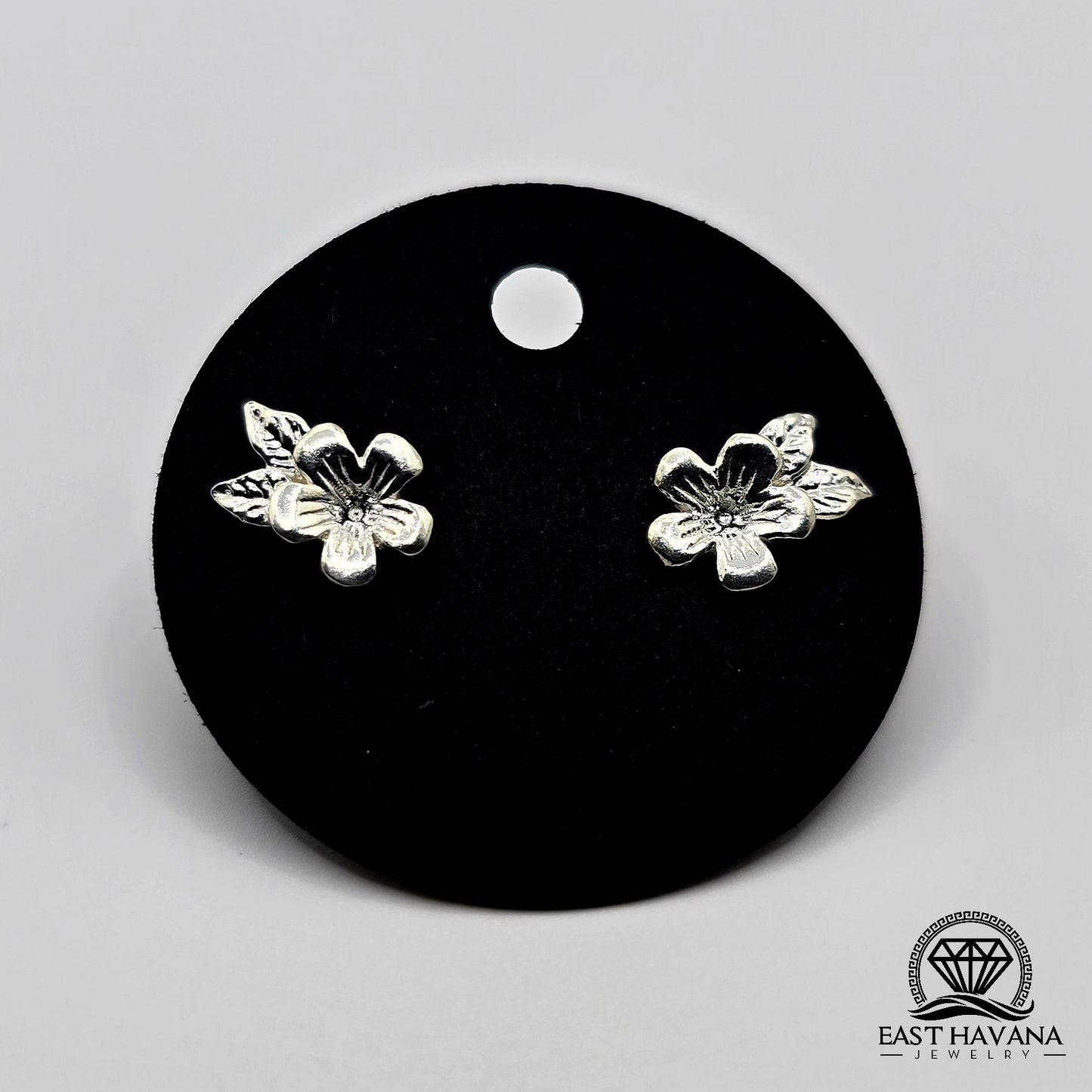 EARRINGS - Flower & Double Leaf Pair [left and right] with Flower screw-on backs .950 Silver