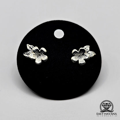 EARRINGS - Flower & Double Leaf Pair [left and right] with Flower screw-on backs .950 Silver