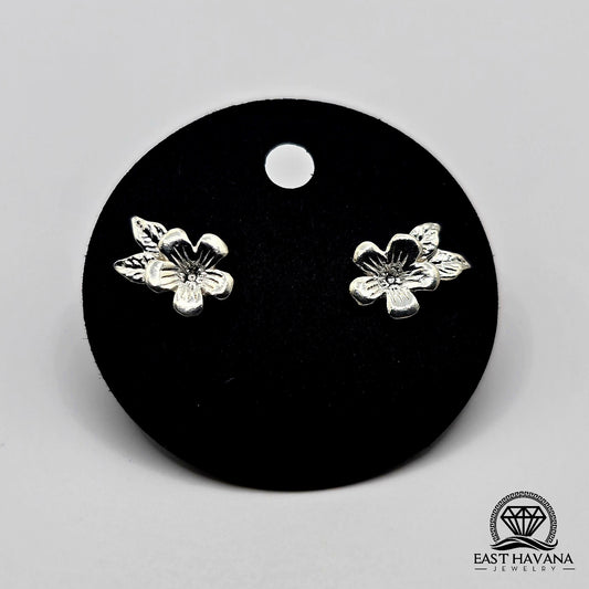 EARRINGS - Flower & Double Leaf Pair [left and right] with Flower screw-on backs .950 Silver
