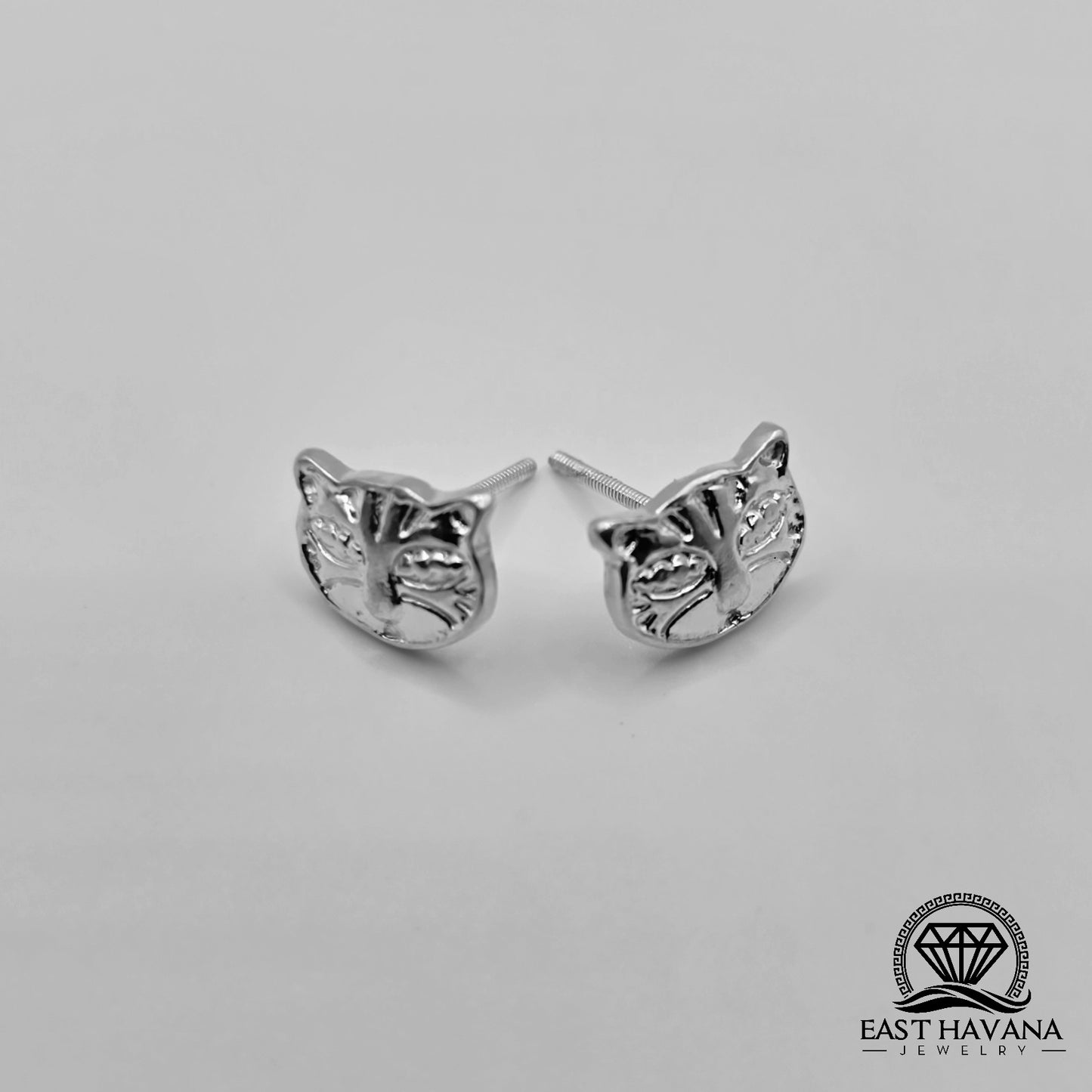 EARRINGS - Cat Face Pair [left & right] with screw-on backs .950 Silver
