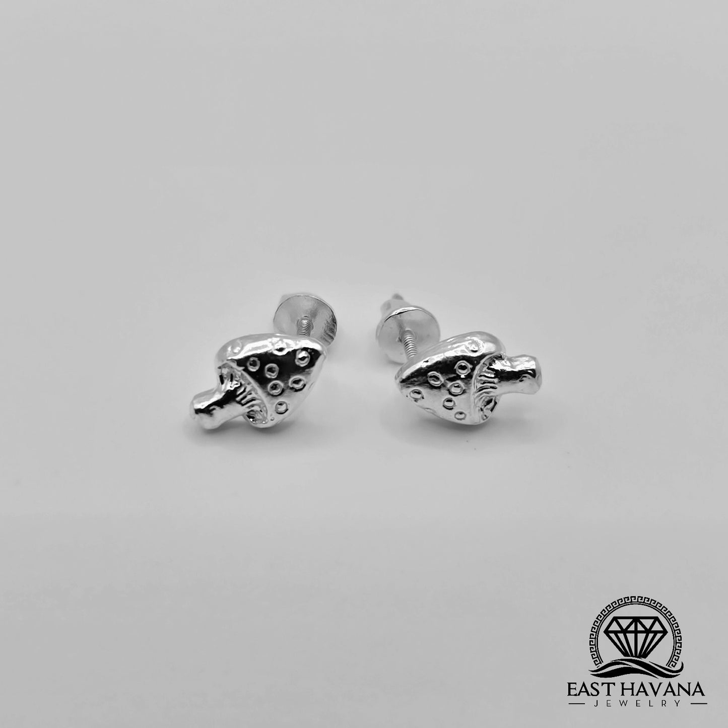 EARRINGS - Mushroom Pair [left & right] with Flower screw-on backs .950 Silver