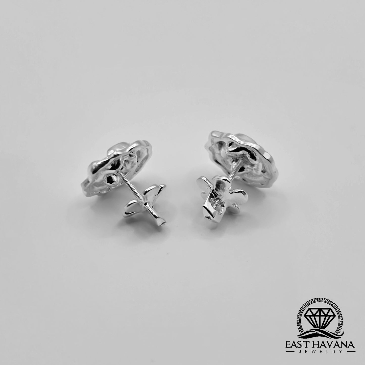 EARRINGS - Rose Flower Pair [left & right] with Flower screw-on backs .950 Silver