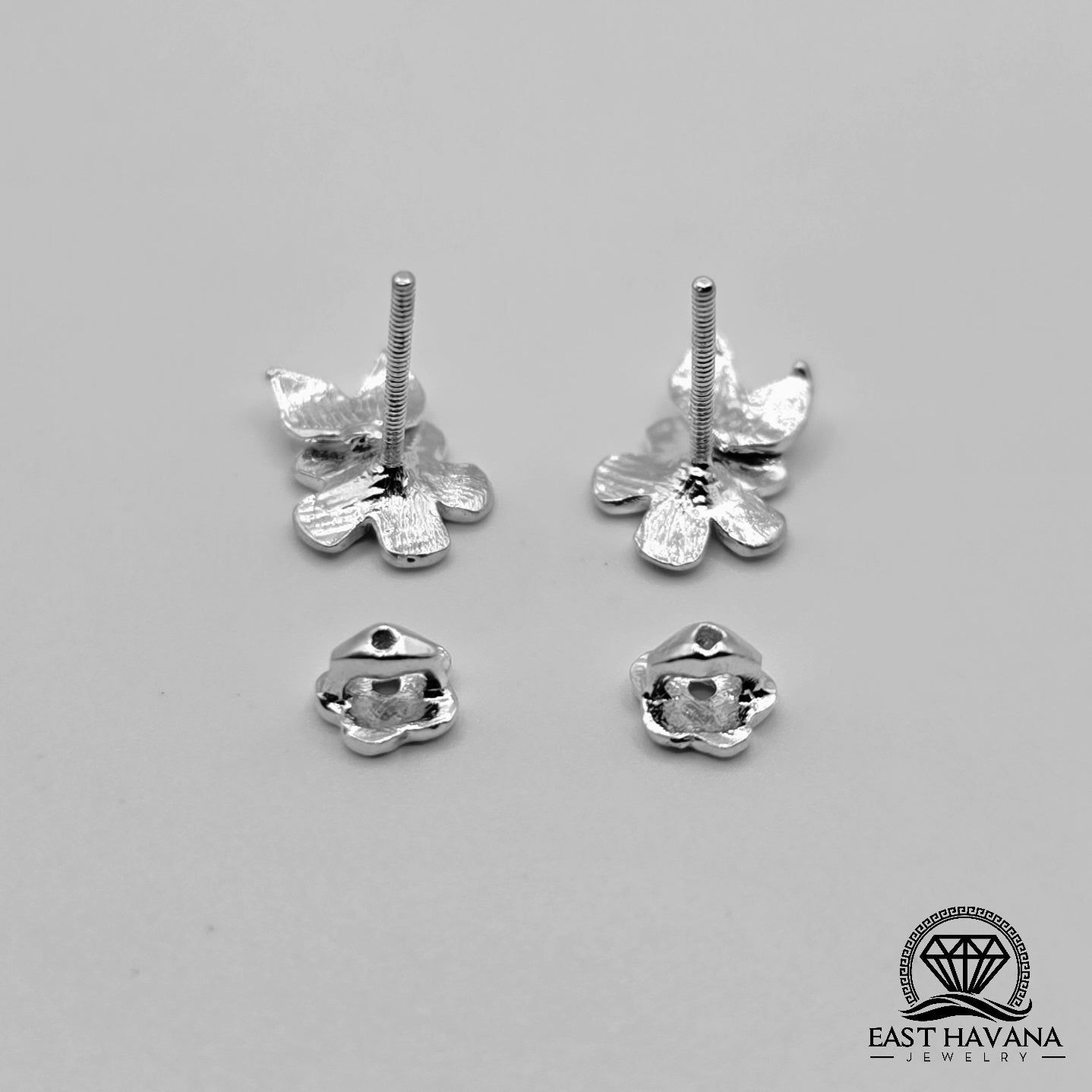 EARRINGS - Flower & Double Leaf Pair [left and right] with Flower screw-on backs .950 Silver