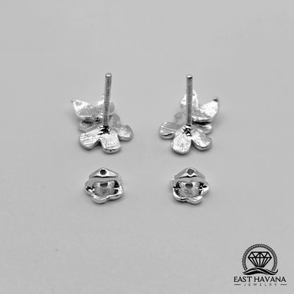 EARRINGS - Flower & Double Leaf Pair [left and right] with Flower screw-on backs .950 Silver
