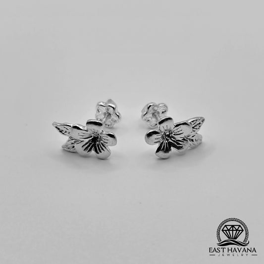 EARRINGS - Flower & Double Leaf Pair [left and right] with Flower screw-on backs .950 Silver