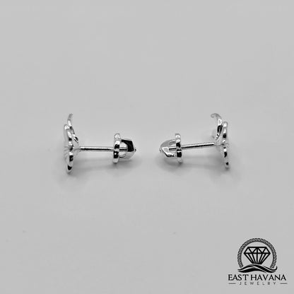 EARRINGS - Flower & Double Leaf Pair [left and right] with Flower screw-on backs .950 Silver