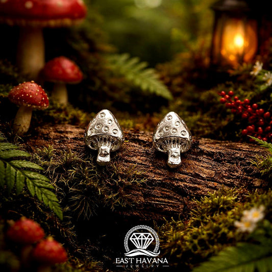 EARRINGS - Mushroom Pair [left & right] with Flower screw-on backs .950 Silver