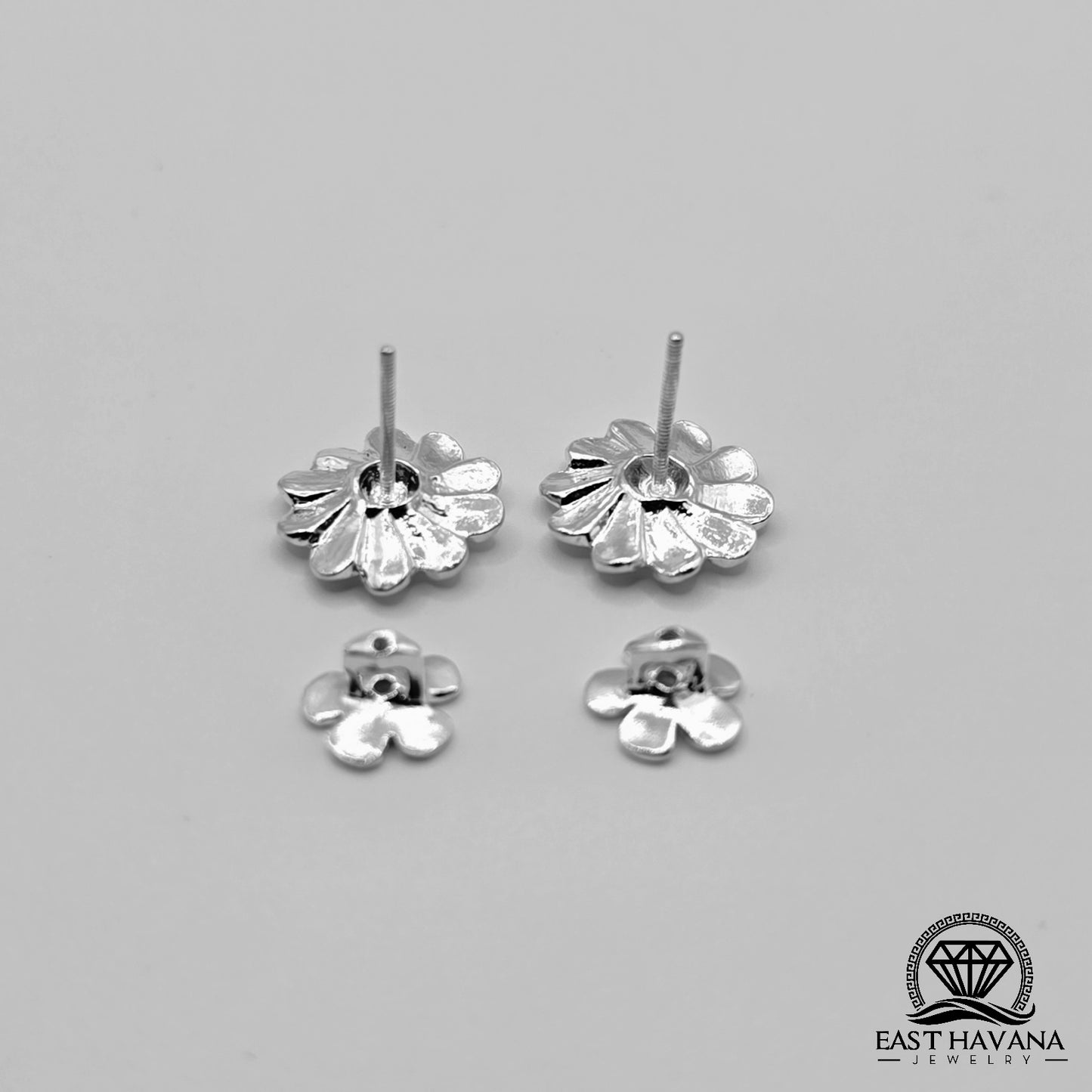 EARRINGS - Flower Pair [left & right] with Flower screw-on backs .950 Silver