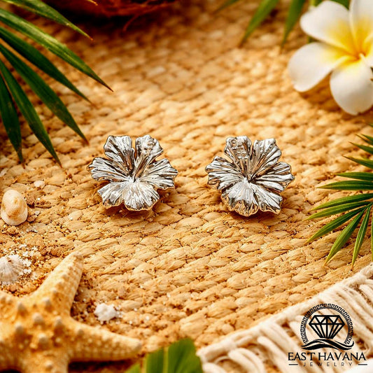 EARRINGS - Hibiscus Flower Pair [left & right] with screw-on backs .950 Silver