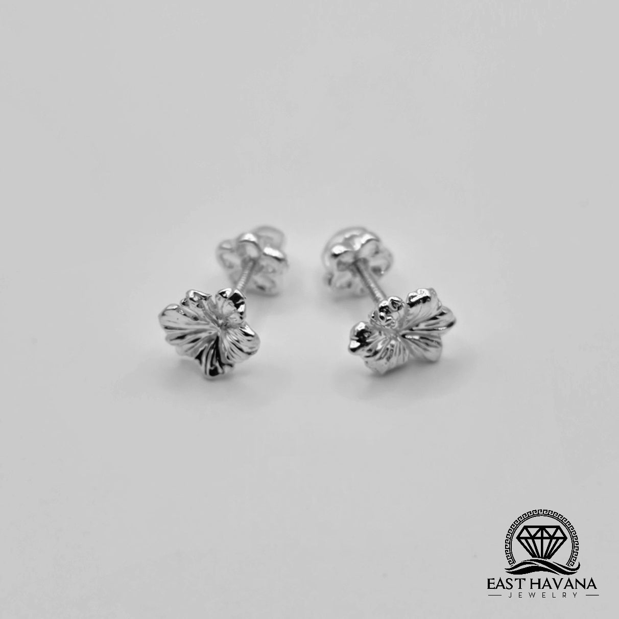 EARRINGS - Hibiscus Flower Pair [left & right] with Flower screw-on backs .950 Silver