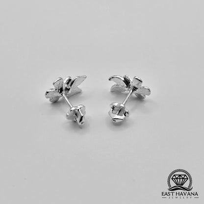 EARRINGS - Flower & Double Leaf Pair [left and right] with Flower screw-on backs .950 Silver