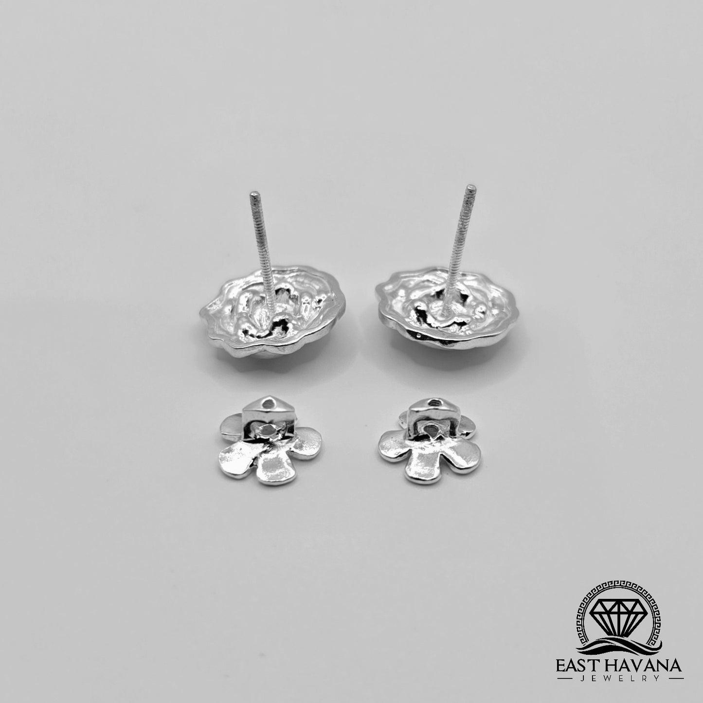 EARRINGS - Rose Flower Pair [left & right] with Flower screw-on backs .950 Silver