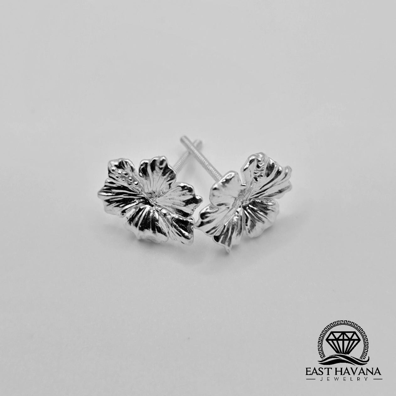 EARRINGS - Hibiscus Flower Pair [left & right] with screw-on backs .950 Silver