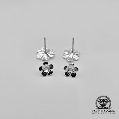 EARRINGS - Hibiscus Flower Pair [left & right] with Flower screw-on backs .950 Silver