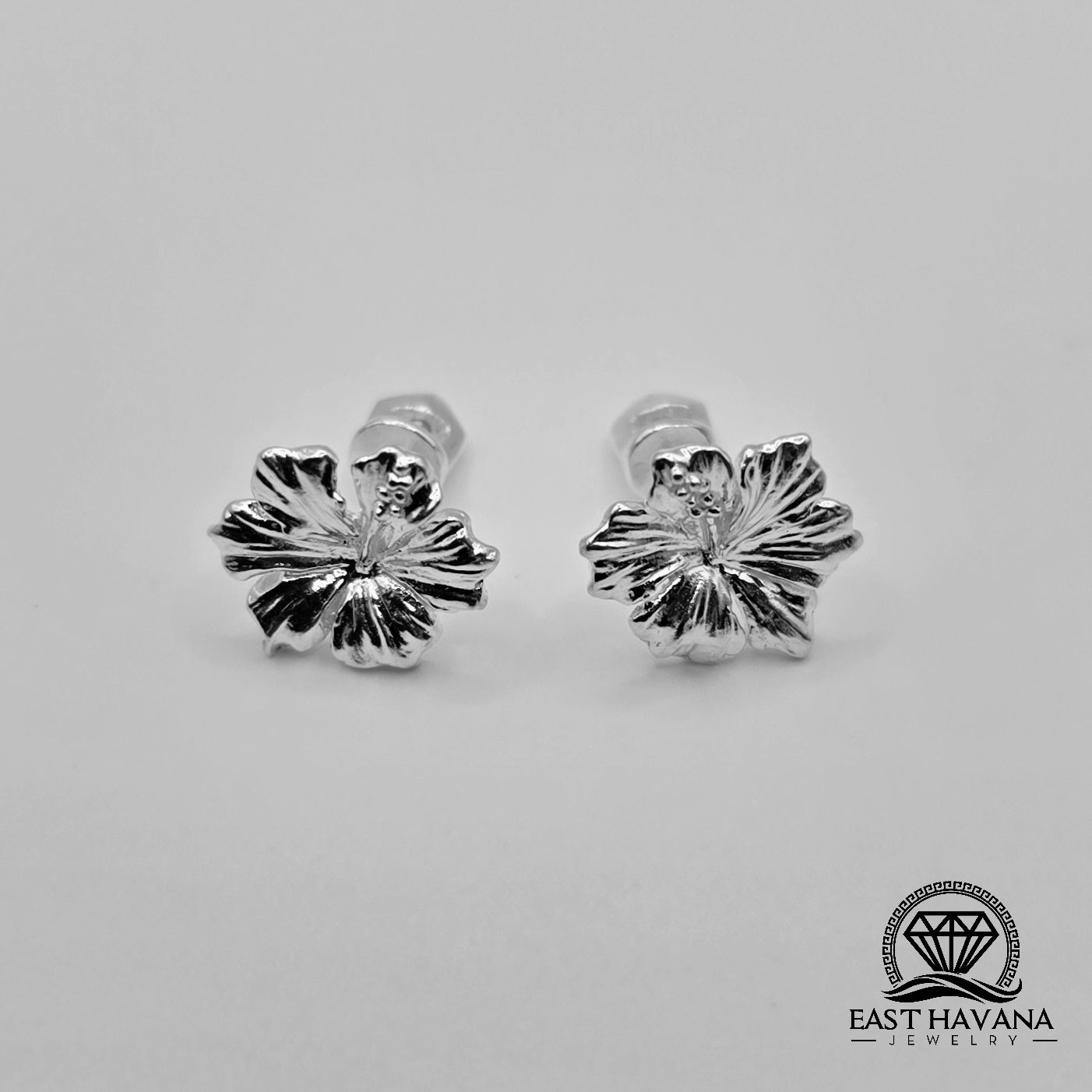 EARRINGS - Hibiscus Flower Pair [left & right] with screw-on backs .950 Silver