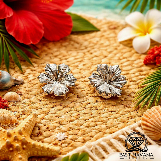 EARRINGS - Hibiscus Flower Pair [left & right] with Flower screw-on backs .950 Silver