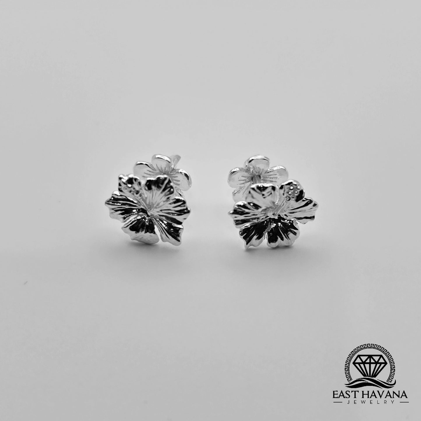 EARRINGS - Hibiscus Flower Pair [left & right] with Flower screw-on backs .950 Silver