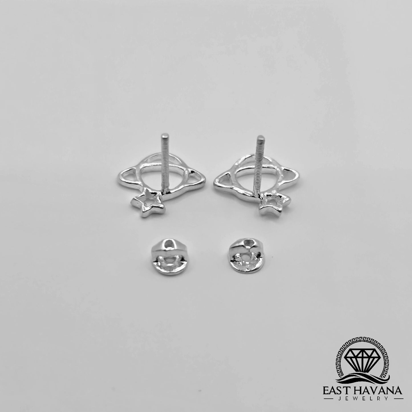 EARRINGS - Planet Saturn Pair [left & right] with screw-on backs .950 Silver