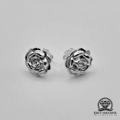 EARRINGS - Rose Flower Pair [left & right] with Flower screw-on backs .950 Silver