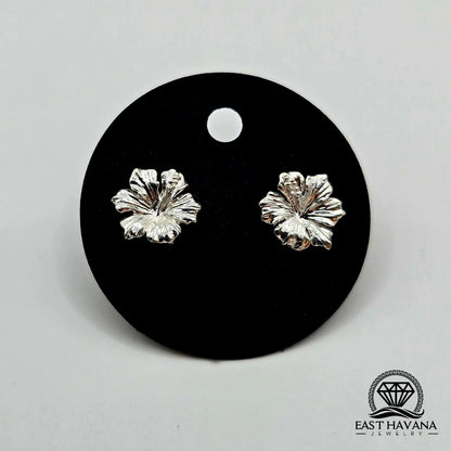 EARRINGS - Hibiscus Flower Pair [left & right] with Flower screw-on backs .950 Silver