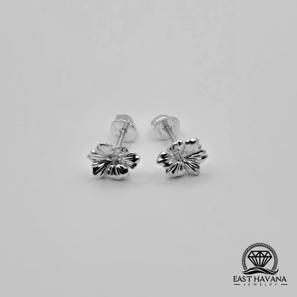 EARRINGS - Hibiscus Flower Pair [left & right] with screw-on backs .950 Silver